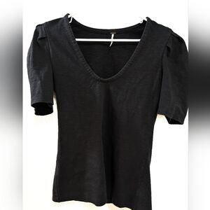 Free People Ellery Blouse Spandex Blend Puff Sleeves Black Medium Scoop Neck